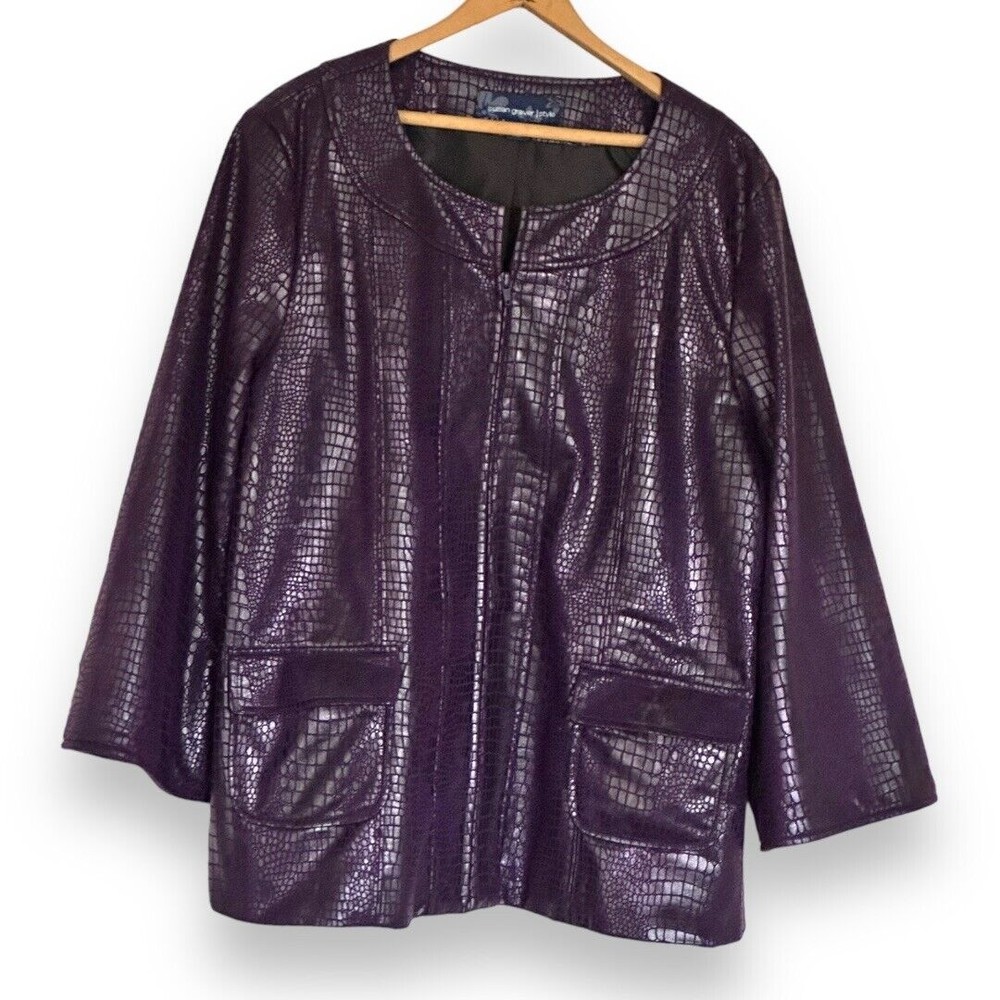 Susan Graver Purple Faux Leather Reptile Print Jacket Sz Large 3/4 Bell Sleeve